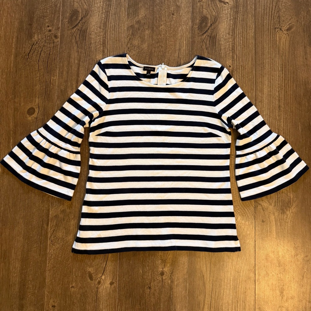 Talbots Striped Bell Sleeve Top Black White 100% Cotton Nautical Coastal Medium